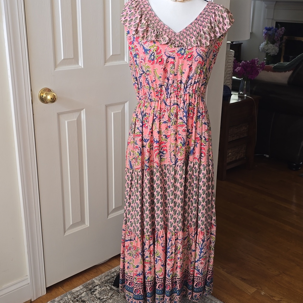 FARMERS MARKET BRAND WOMEN'S LONG PINK FLORAL SLEEVELESS SUMMER DRESS MEDIUM
